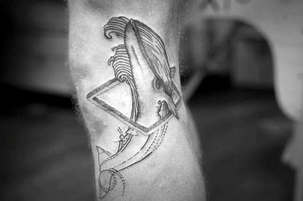 Whale Swimming Through Geometric Shapemens Leg Tattoo