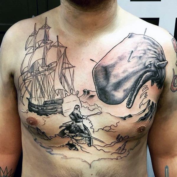 Whale With Harpoons Mens Nautical Full Chest Tattoos