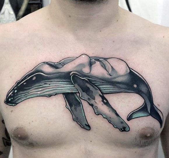 Whale Wth Portrait On Back Mens Creative Upper Chest Tattoo
