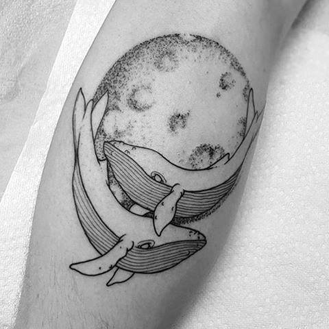 Whales Swimming Around Moon Male Leg Calf Tattos