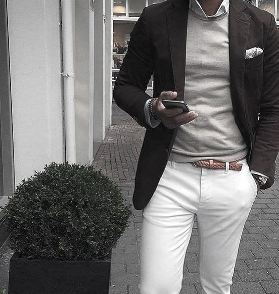 What To Wear With Awesome White Jeans Outfits Styles For Men Dark Blazer Grey Sweater