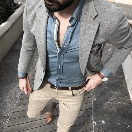What To Wear With Gentlemens Khaki Pants Outfits Style Ideas Grey Blazer Brown Shoes