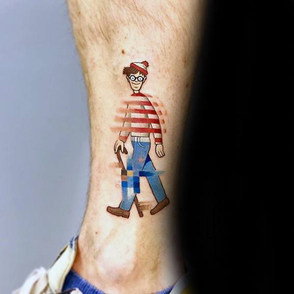 Wheres Waldo Side Of Lower Leg Mens Manly Pixel Tattoo Designs
