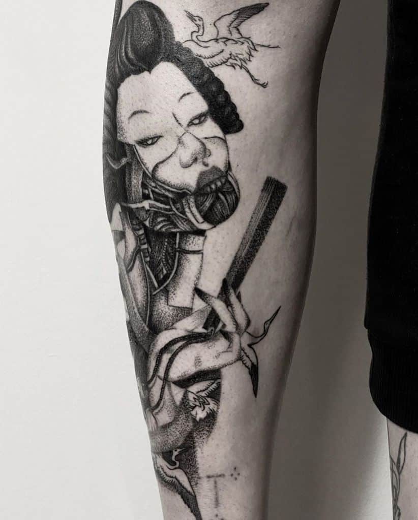 Abstract black ink tattoo of a Geisha with a surreal mechanical jaw, holding a fan, with cranes flying around in a mix of traditional and cyberpunk style.