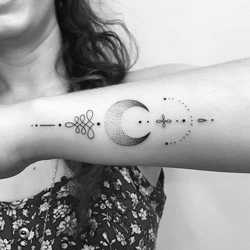 Unalome tattoo with a crescent moon and geometric details on the forearm, symbolizing spiritual growth, balance, and the journey to enlightenment.