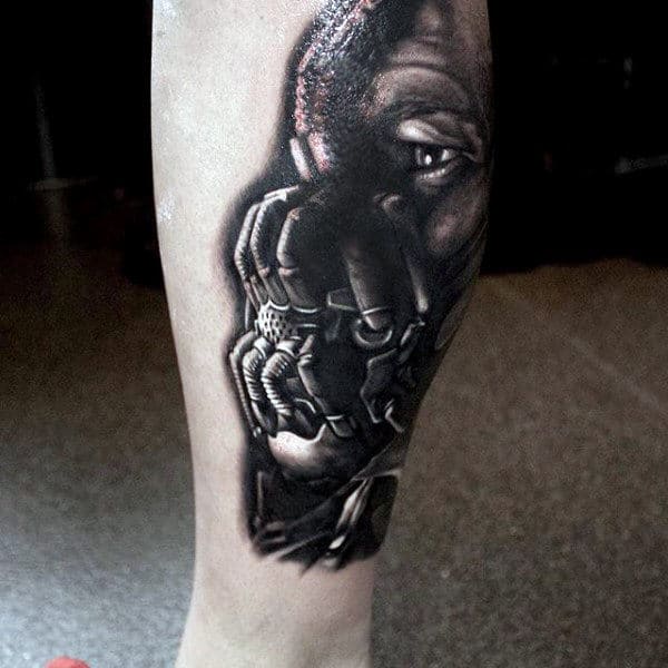 White And Black Ink Bane Guys Back Of Leg Tattoos