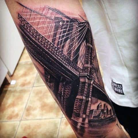 White And Black Ink Brooklyn Bridge Skyline Male Forearm Tattoo