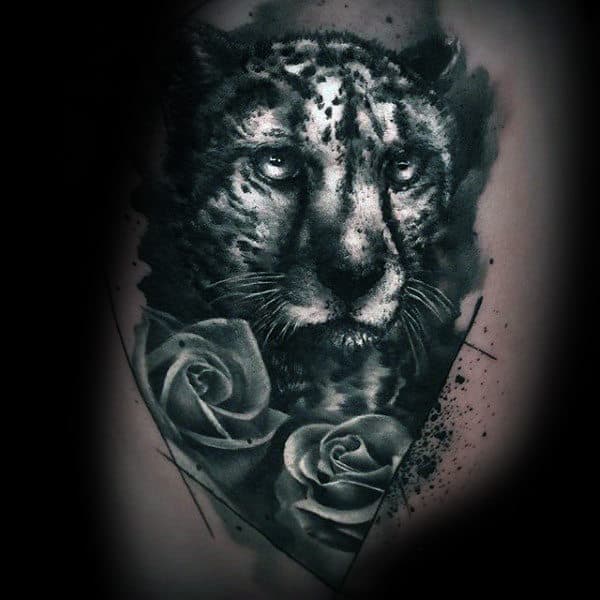 White And Black Ink Leopard With Rose Flowers Mens Tattoo Ideas
