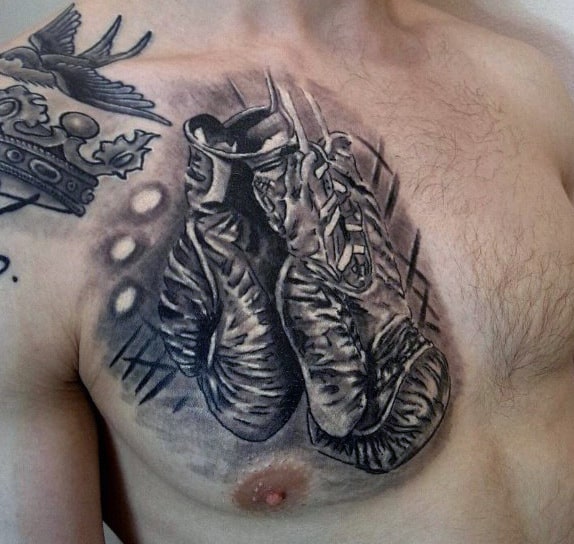 White And Black Ink Mens Boxing Gloves Upper Chest Tattoos