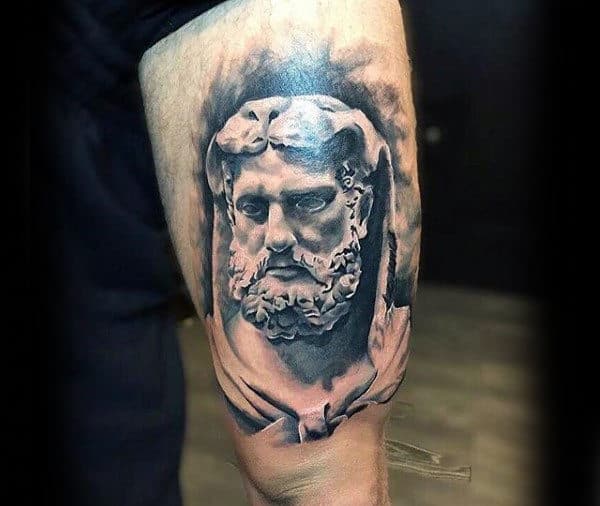 White And Black Ink Mens Hercules Thigh Tattoo