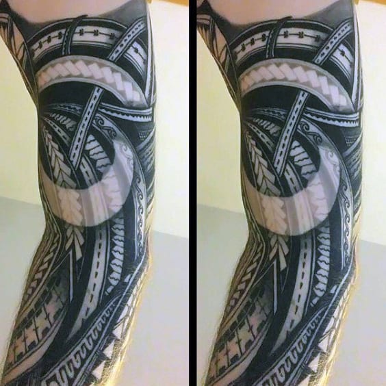 White And Black Ink Mens Samoan Arm Tribal Sleeve Tattoo