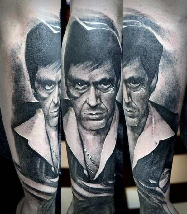 White And Black Ink Mens Scarface Outer Forearm Tattoos
