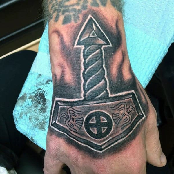 White And Black Ink Mjolnir Guys Hand Tattoos