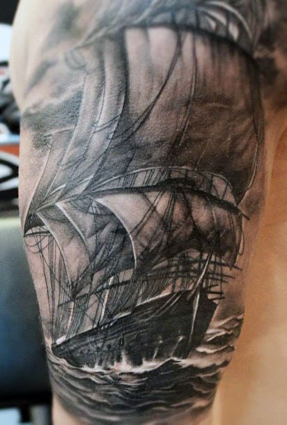 White And Black Ink Nautical Guys Realistic Ship Tattoo Half Sleeve