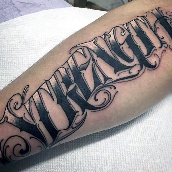White And Black Ink Strength Lettering Mens Tattoos