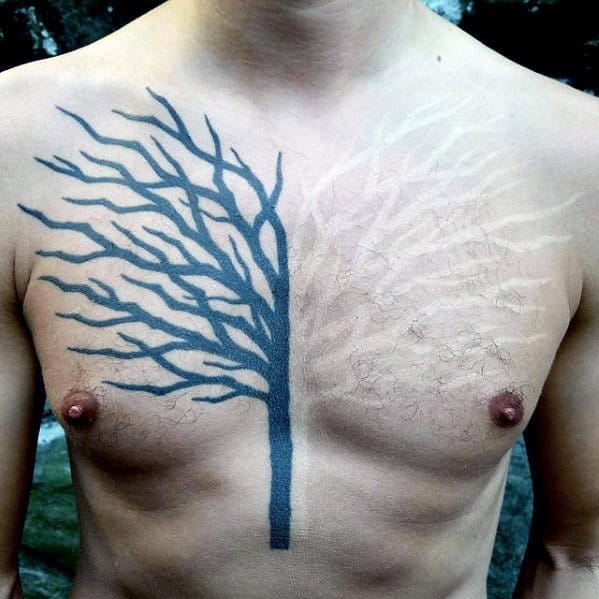 White And Black Ink Tree Mens Badass Chest Tattoo