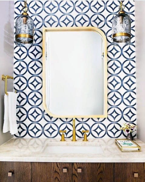 luxury bathroom sink blue and white design wall tiles gold faucets and accents