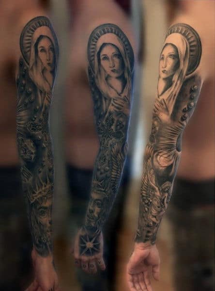 White And Gray Religious Tattoo Male Sleeves