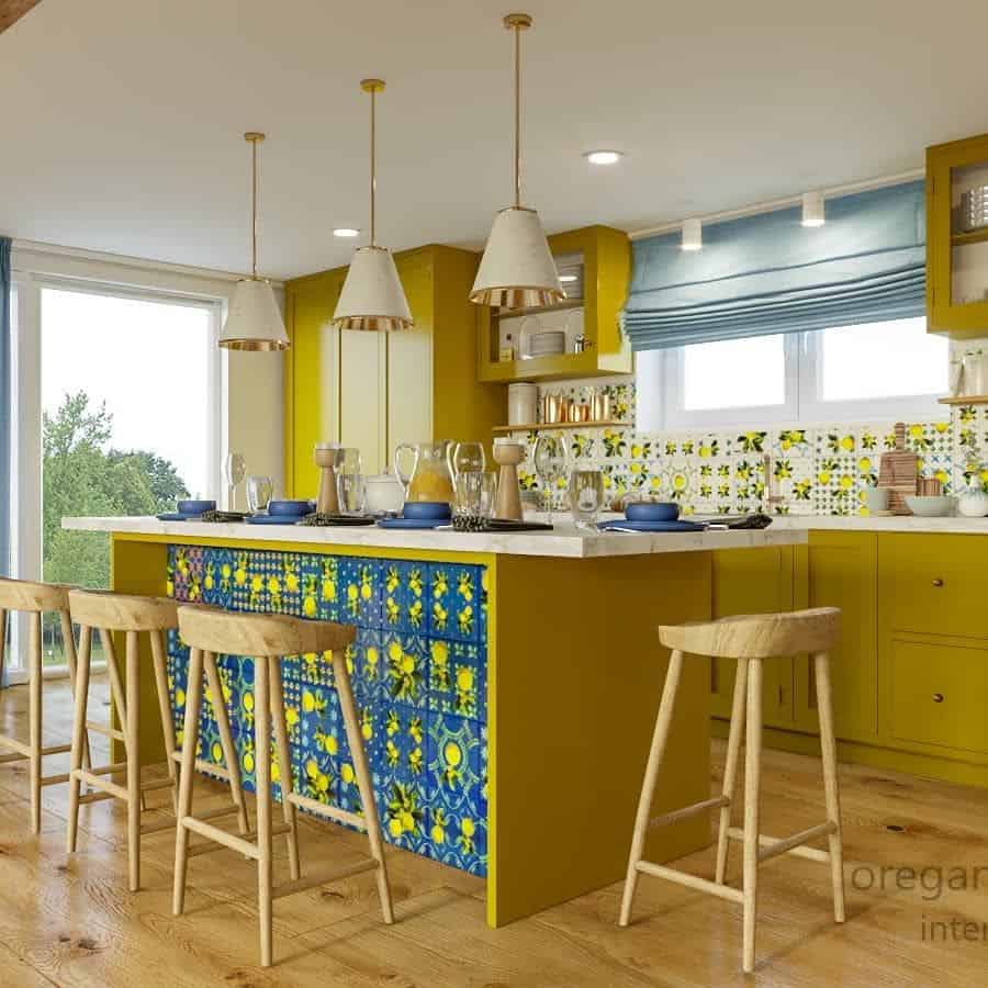 Bright green kitchen with colorful tile backsplash wooden bar stools and modern pendant lights.