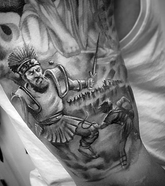 White And Grey Ink David And Goliath Mens Half Sleeve Tattoos