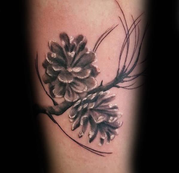 White And Grey Ink Mens Pine Cone Forearm Tattoo