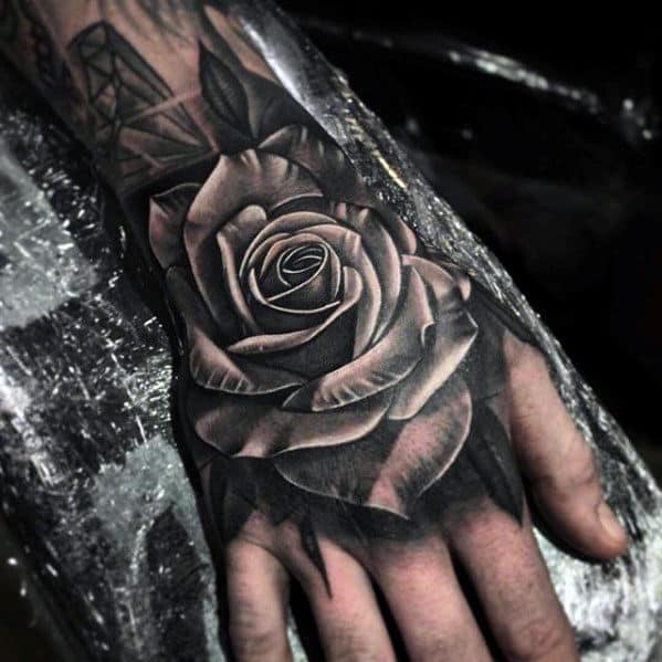 White And Grey Ink Shaded Guys 3d Rose Flower Hand Tattoo