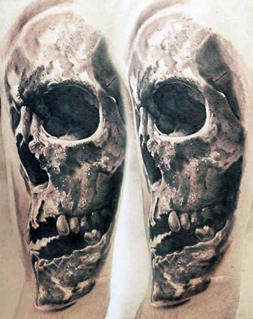 White And Grey Ink Shaded Guys Realistic Arm Tattoo