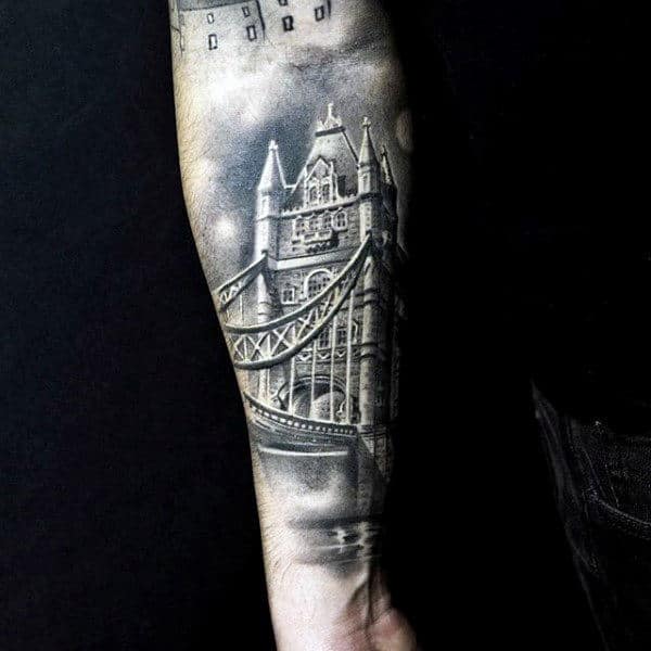 White And Grey Ink Shaded Male Bridge Outer Forearm Tattoos