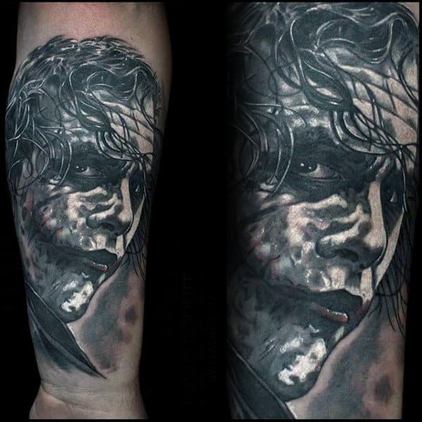 White And Grey Shaded Ink Mens Joker Inner Forearm Tattoos