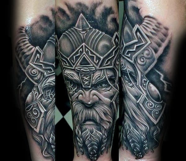 White And Grey Shaded Male Odin Head Tattoo On Forearm