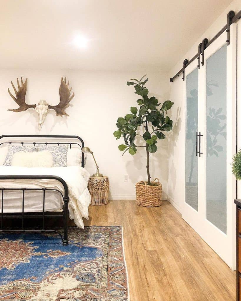 White basement bedroom with moose head wall art, barn doors, and large potted plant.