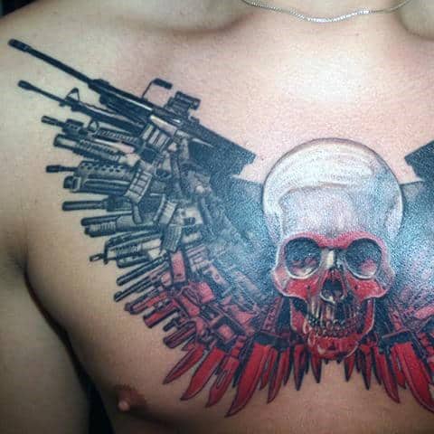 White Black And Red Ink Expendables Guys Upper Chest Tattoos