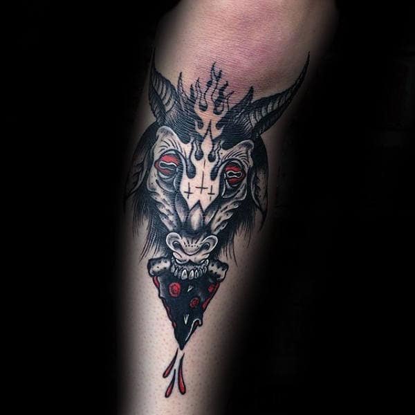 White Black And Red Ink Male Goat Shin Tattoos