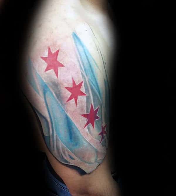 White Blue And Red Ink Chicago Flag Guys Arm Tattoos