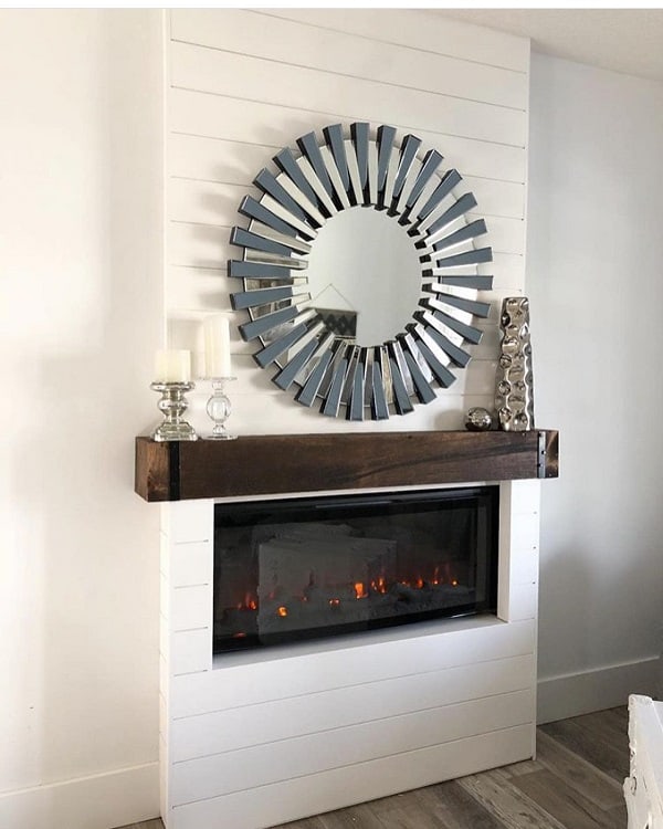 white shiplap fireplace surround wood pallet mantle