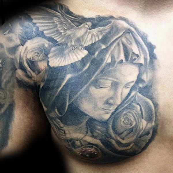 White Dove Virgin Mary Chest Tattoos For Men