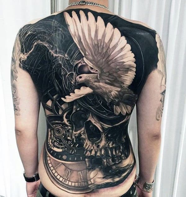 White Dove With Skull Unbelievable Guys Black And White Ink Back Tattoos