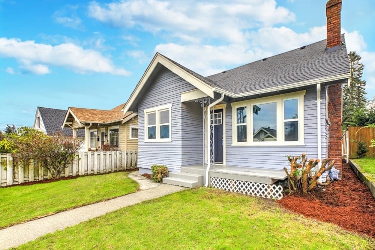 white exterior window trim double bay window front yard 