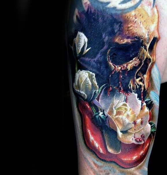 White Flower With Skull Realistic Male Arm Tattoos