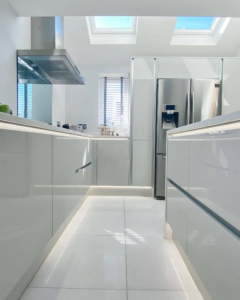 modern gray kitchen white tile flooring led lighting