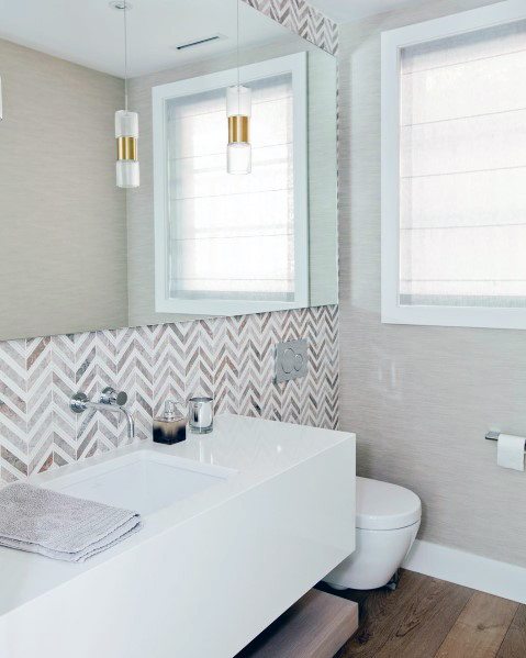 pattern wall tiles in modern bathroom with pendant lighting