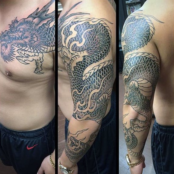 White Grey Tattoo Of Dragon Male Sleeves