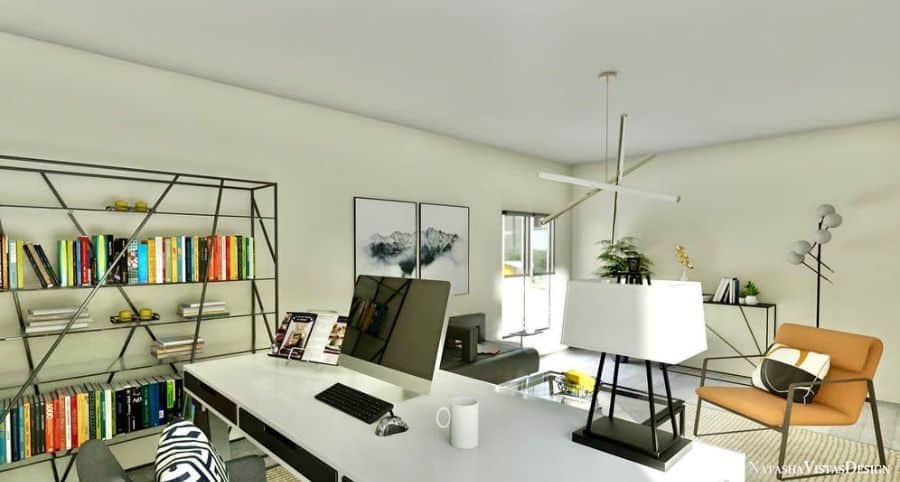 modern home office setup simple white desk metal bookcase orange accent chair 