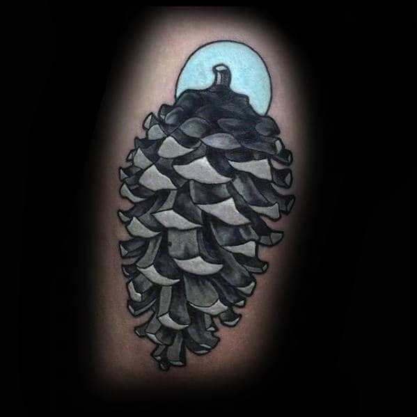 White Ink 3d Pine Cone Male Thigh Tattoos