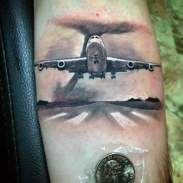 White Ink Airplane Flying Near Tornado Mens Forearm Tattoos