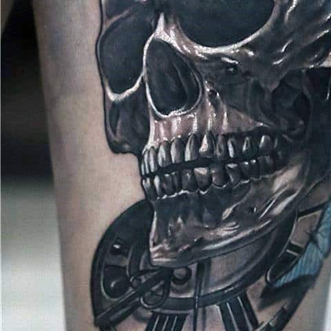 White Ink And Grey Detailed Mens Skull And Clock Arm Tattoo