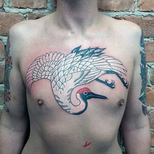 White Ink Crane Bird Mens Chest Tattoos