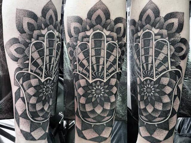 White Ink Dotwork Pattern Guys Hamsa Inner Forearm Tattoos