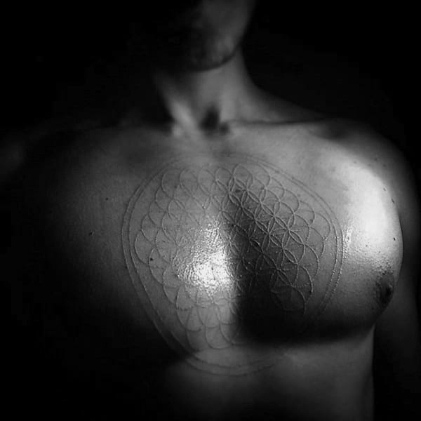 White Ink Flower Of Life Mens Chest Tattoos