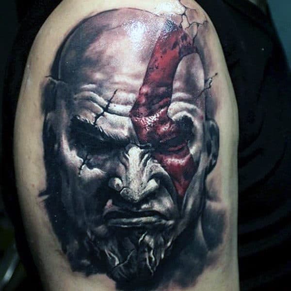 White Ink Kratos Guys Arm Tattoo